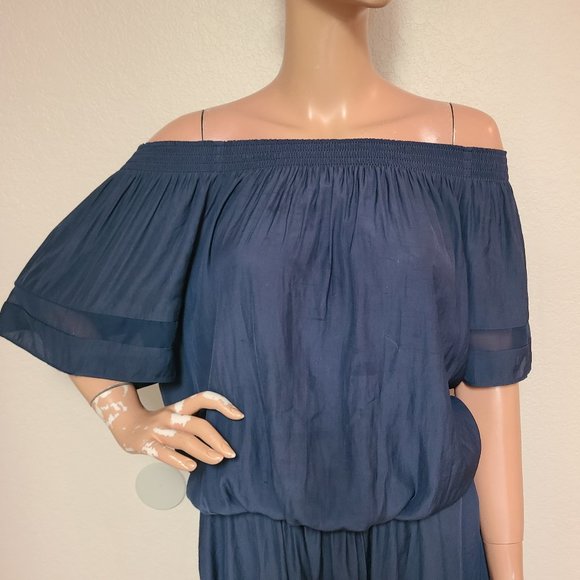 RAMY BROOK JESSICA SMOCKED OFF SHOULDER elastic waist navy blue mini dress sz L - Picture 4 of 10